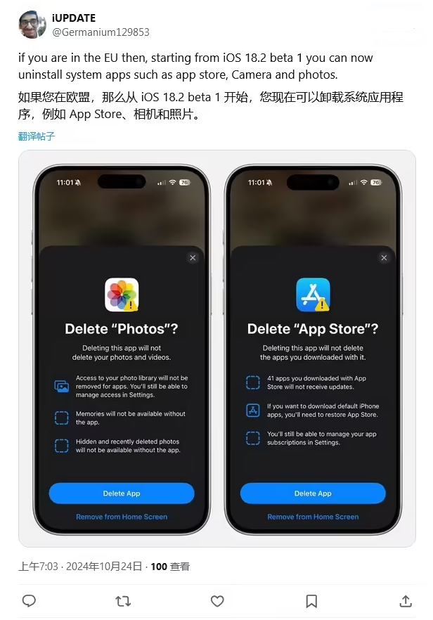 廉江苹果手机维修分享iOS 18.2 支持删除 App Store 应用商店 